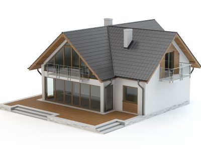 House model isolated on white, wooden facade, 3d illustration